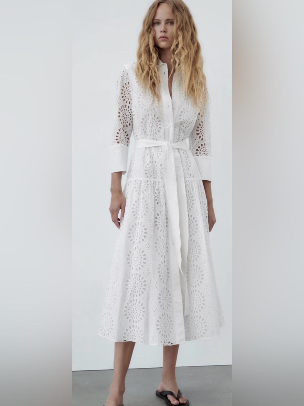 Zara White Eyelet Embroidered Shirt Dress with Self Tie